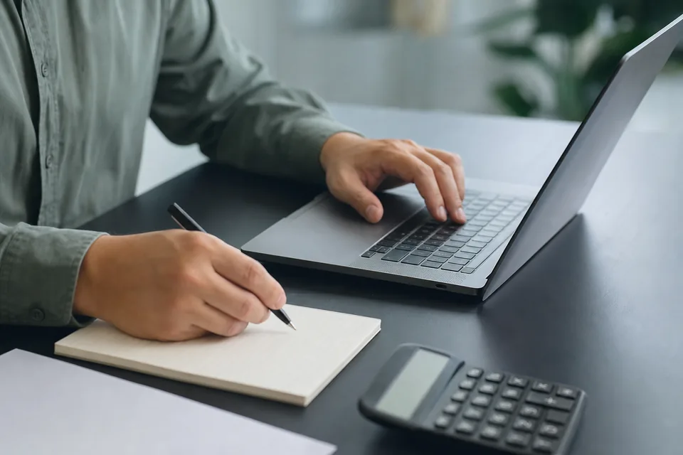 Bookkeeper checking statement transactions on a laptop with a notepad and calculator