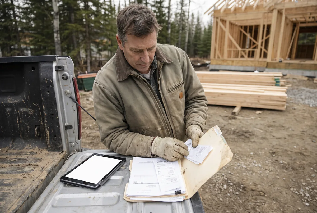Contractor at a truck tailgate sorting lumber receipts and a monthly supply account statement