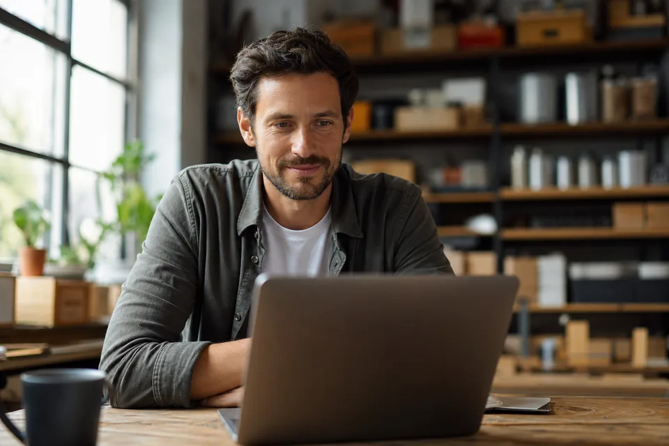 Small business owner closing out the month on a laptop in his workshop office