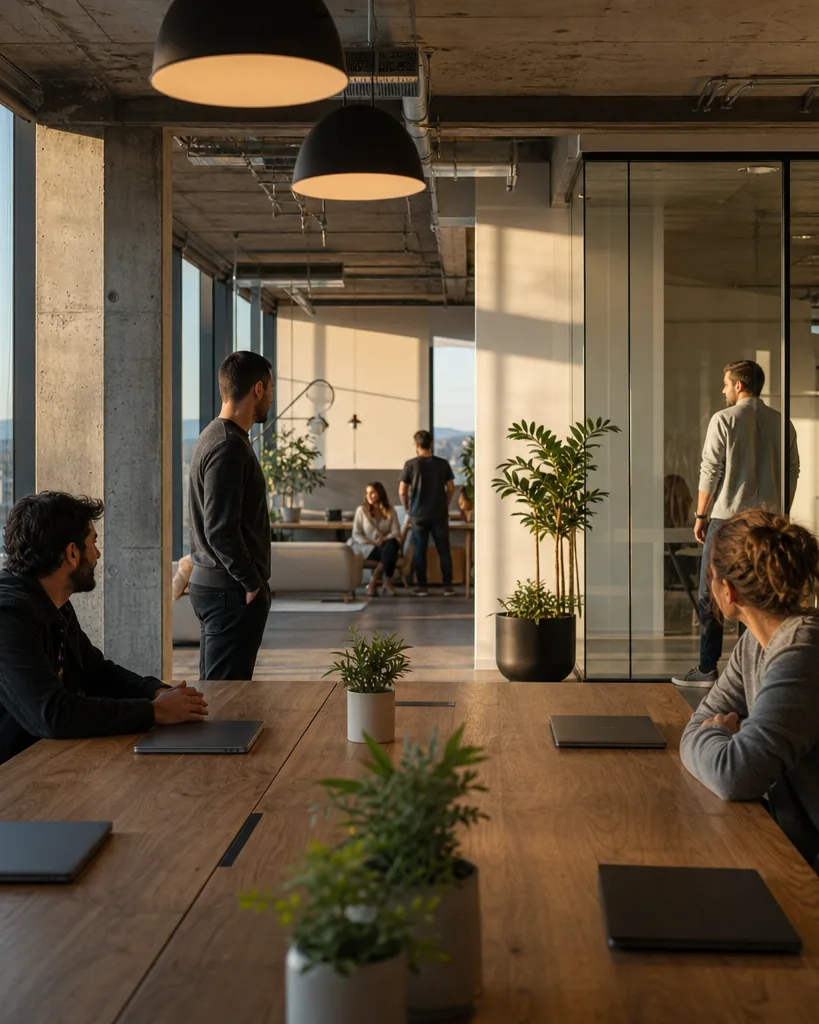 Startup team in a modern office at golden hour with closed laptops on a long table