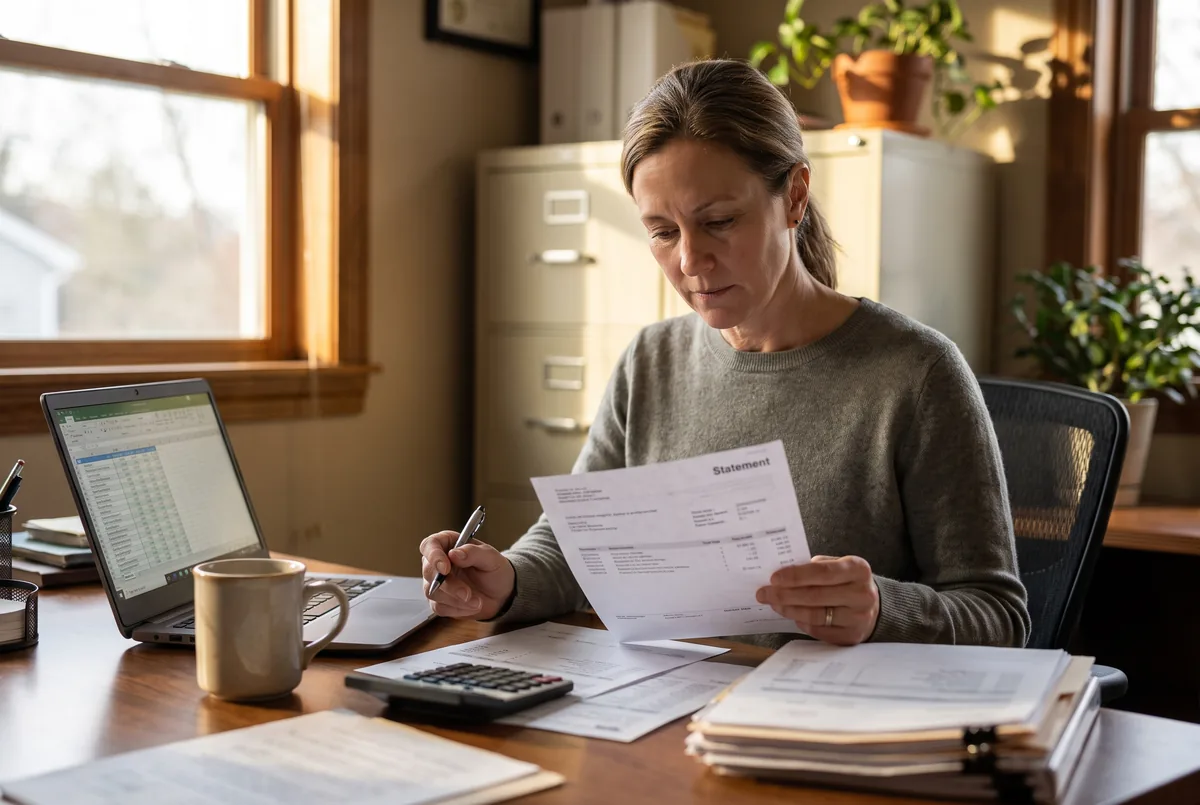 Bookkeeper reviewing a stack of credit card statements next to a laptop